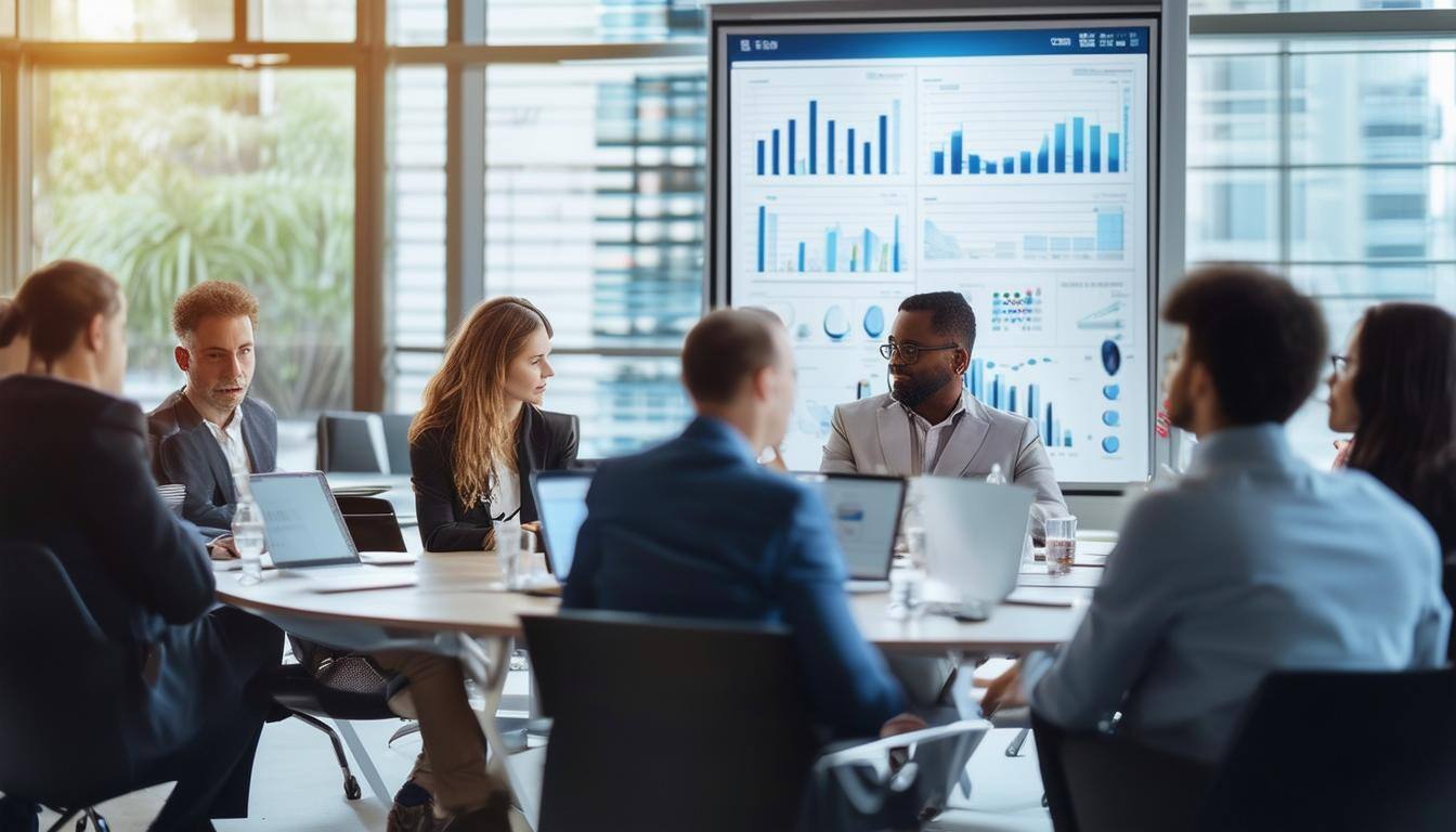 quarterly financial analyst meeting with leading product and insurance carrier leaders, using a diverse individuals
